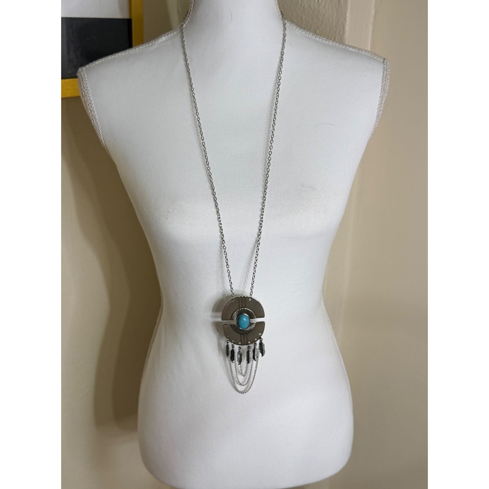 Western Silver Tone Turquoise Faux Stone Feather Tassel Long Pendant Necklace
